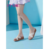 百田森商场同款2021夏季牛皮拖鞋女厚底坡跟交叉设计舒软妈妈鞋女