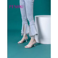 百田森商场同款2021夏甜美串珠公主凉鞋女酒杯高跟方头一字带凉鞋