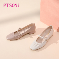 百田森商场同款2021新款玛丽珍鞋女中跟真羊皮鞋女珍珠奶奶鞋女