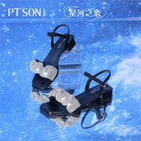 百田森2021夏季新款水钻花朵女凉鞋中跟一字带公主凉鞋晚宴仙女风