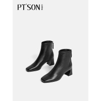 百田森2021冬季商场同款羊皮女短靴简约气质高粗跟靴女