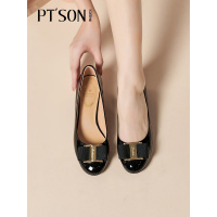 百田森2021秋季新款漆皮蝴蝶结单鞋女粗跟气质浅口通勤高跟鞋子