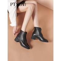 百田森2021冬新款六孔马丁靴女高粗跟春秋单靴小个子牛皮英伦短靴