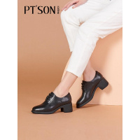 百田森2021秋季新款英伦小皮鞋女牛皮布洛克防水台粗跟圆头女单鞋