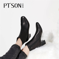 百田森羊皮中筒鞋女2021冬季新款圆头高跟气质通勤女靴子