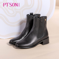 百田森山茶花切尔西靴女冬季通勤短筒铆钉牛皮休闲靴中跟