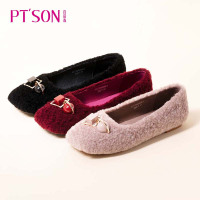 百田森春季新款季新款真羊毛浅口鞋平底舒软豆豆鞋糖果扣甜美风