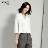 衬衣女2018新款气质宽松休闲V领上衣女夏季七分袖白色衬衫