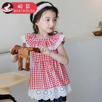 boatmouse船鼠女童T恤女宝宝短袖夏装 娃娃衫纯棉格子洋气儿童上衣