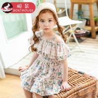boatmouse船鼠女童连衣裙一字肩洋气夏装 松紧腰露肩碎花儿童沙滩裙
