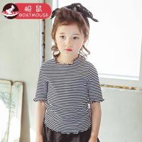 boatmouse船鼠儿童t恤女童短袖条纹木耳边领半袖上衣夏 宝宝打底衫