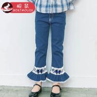 boatmouse船鼠女童牛仔裤春秋2019新款韩版洋气女孩喇叭裤刺绣花边儿童裤子