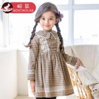 boatmouse船鼠女童连衣裙春季 纯棉小女孩韩版复古格子翻领儿童裙子
