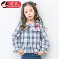 boatmouse船鼠女童衬衫春装 韩版格子翻领刺绣长袖松紧上衣儿童衬衣