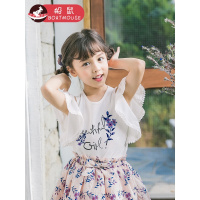 boatmouse船鼠女童T恤 洋气短袖露肩宝宝白色印花韩版儿童上衣