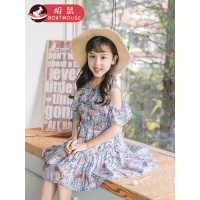 boatmouse船鼠女童连衣裙夏装韩版印花露肩洋气儿童裙子荷叶边小女孩公主裙