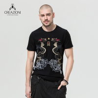 CREAZIONI男装上衣 纯棉圆领龙图腾刺绣款短袖T恤男 2018新品百搭款