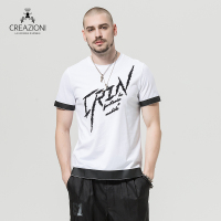 CREAZIONI 男装 白色纯棉条纹拼接短袖T恤 夏季新品