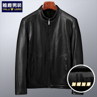 雅鹿男装冬季新品加绒加厚利落立领商务休闲皮夹克男式皮衣1059PA01917