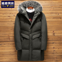 雅鹿男装冬季新款可脱卸狐狸毛领毛条中长款连帽男士羽绒服1034YA19090