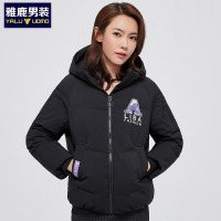 雅鹿男装冬季新款女士百搭连帽短款时尚印花女款羽绒服WA61U0184