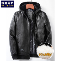 雅鹿男装新款休闲时尚pu皮加厚连帽男士羽绒服1011YAHS527X