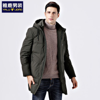雅鹿冬季简约休闲中长款男士羽绒服抽绳连帽白鸭绒男外套S21EDYA01860X