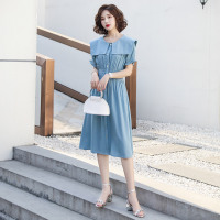 雅鹿薄款女士中长款高腰娃娃领单排扣连衣裙女士衬衫裙2210Q03029