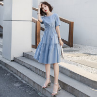 雅鹿时尚女士气质系带圆领收腰连衣裙纯色百搭长裙2210Q03030