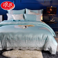 浪莎夏季丝滑床单被套四件套全棉纯棉欧式公主风荷叶边真贡缎绸蕾