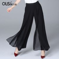 欧力丝韩版雪纺百褶阔腿裤女夏九分裤高腰直筒宽松开叉长裤