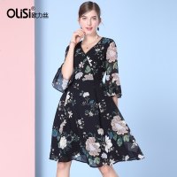 欧力丝春夏女新款甜美仙女裙喇叭袖碎花连衣裙交叉V领雪纺连衣裙