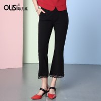 欧力丝蕾丝拼接喇叭裤弹力高腰女裤春夏2018女装新款宽腿九分裤