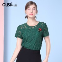 OLiSi欧力丝蕾丝气质修身贴花圆领短袖镂空蕾丝上衣女2018夏新品