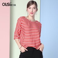欧力丝欧美2018春新款条纹衬衫七分袖仿真丝时尚上衣女潮大码