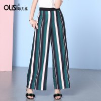 OLiSi2018新款高腰直筒宽腿裤女春夏时尚韩版绿色条纹阔腿裤女
