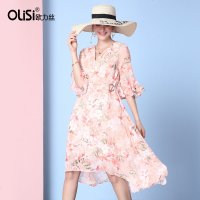OLiSi欧力丝V领斜襟荷叶袖绑带不规则A摆印花连衣裙植物花卉
