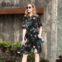Olisi欧力丝时尚高腰显瘦系带领印花超仙蕾丝连衣裙女夏2018新款