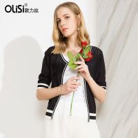 OLiSi欧力丝条纹开衫女薄款时尚百搭空调衫镂空外搭显瘦短外套