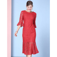 OLiSi欧力丝欧美蕾丝连衣裙夏季红色喇叭袖收腰鱼尾蕾丝裙长款