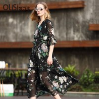 欧力丝高腰v领显瘦碎花雪纺连衣裙女夏2018新款通勤不规则裙子