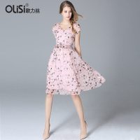 【促】欧力丝夏季款连衣裙新款V领碎花雪纺裙女印花a字小清新裙子