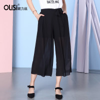 欧力丝2018春新款系带阔腿裤女夏雪纺八分裤松紧腰百搭休闲裤女潮