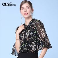 欧力丝2018春装新款衬衣韩版宽松淑女小碎花上衣喇叭袖雪纺衬衫