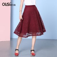 欧力丝欧洲站2018新款半身裙酒红色蕾丝短裙高腰大摆裙