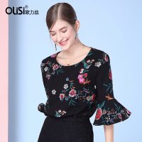 欧力丝黑色刺绣女衫2018新款春夏雪纺衫印花复古chic温柔风上衣