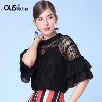 OLiSi欧力丝立领镂空蕾丝衫夏季新款上衣荷叶边甜美超仙衬衫女