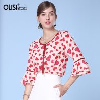 欧力丝小清新喇叭袖chic夏季上衣女2018新款爱心花领口系带衬衫女