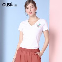 OLiSi春新款纯白t恤女动物刺绣V领体恤衫t桖打底衫百搭短袖t恤女