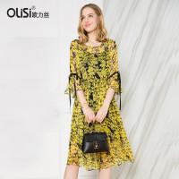 OLiSi欧力丝假两件圆领七分荷叶袖中长款雪纺连衣裙2018夏季新品